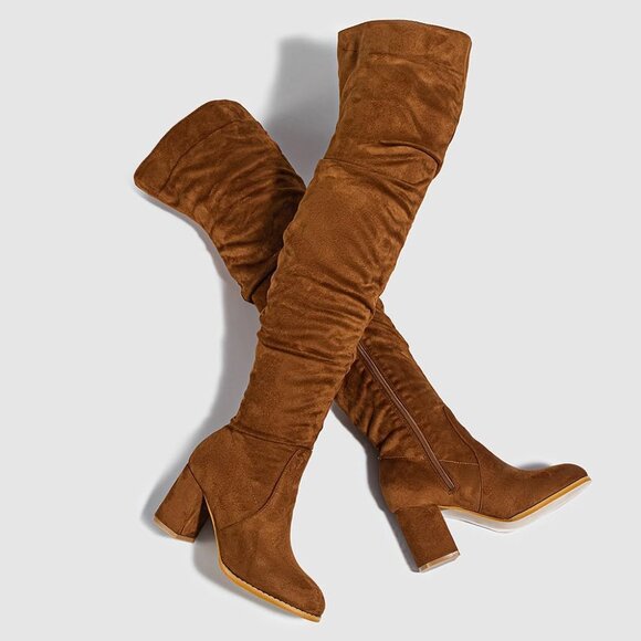 Women Brown Suede Leather Pull On Side Zipper Chunky Block Heel Thigh High Boots - Picture 3 of 6